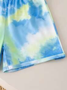 2pcs/Set Girls Tie-Dye Asymmetrical Short Sleeve Top & Elastic Waist Shorts Casual Outfit, Summer - Multicolor - View 7