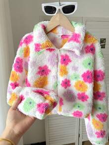 SHEIN Serisse Kids 少女彩色花朵图案立领长袖拉链高领保暖泰迪夹克，羊毛开衫，温暖舒适，非常适合秋冬季休闲日常穿着和上学日常穿着 - 彩色 - 查看 2