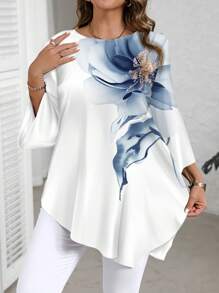 EMERY ROSE Blusa plus size con stampa floreale su tutta la superficie, design asimmetrico minimale blu e bianco, maniche a 3/4, adatta per la primavera/estate, stile casual da resort