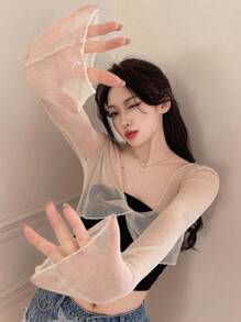 DAZY Solid Twist Front Crop Mesh Top Without Tube Top Sheer Top Going Out Tops,Beach Outfits,Back To School Clothes Long Sleeve Women Tops,Fall Women Clothes - Beige - View 4