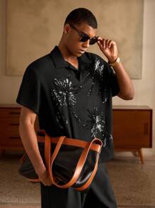 Manfinity BRENVOR 男士POLO衫欧货重工工艺珠绣新款宽松休闲百搭黑色衬衣 - 黑色 - 查看 1