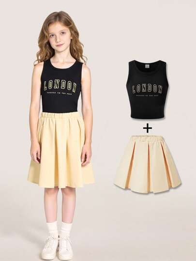 SHEIN Explorewe Tween Girls Sleeveless T-Shirt With Letter Print & Pleated Skirt Set, Back To School Collection 2025, Kids Campus Outfit & Sports Wear