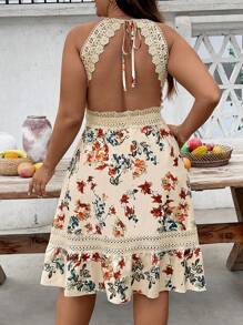 SHEIN Holidaya Women's Floral Print Contrast Lace Summer Holiday Dress - Multicolor - View 2