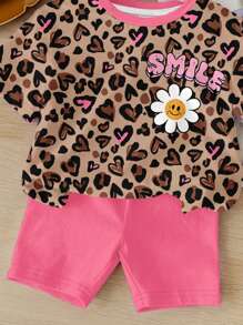 SHEIN Cute Pink Leopard Print & Floral Pattern, Baby Girl Casual Minimalist Style Round Neck Short Sleeve T-Shirt And Shorts Set, Suitable For Spring/Summer