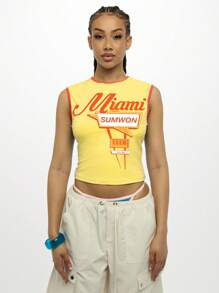 SUMWON WOMEN Miami Club Festival Tank Top Sleeveless Crop Top With Contrast Binding Y2K Streetwear Summer Beach Party Concert Music Festival Vacation - Yellow - View 1