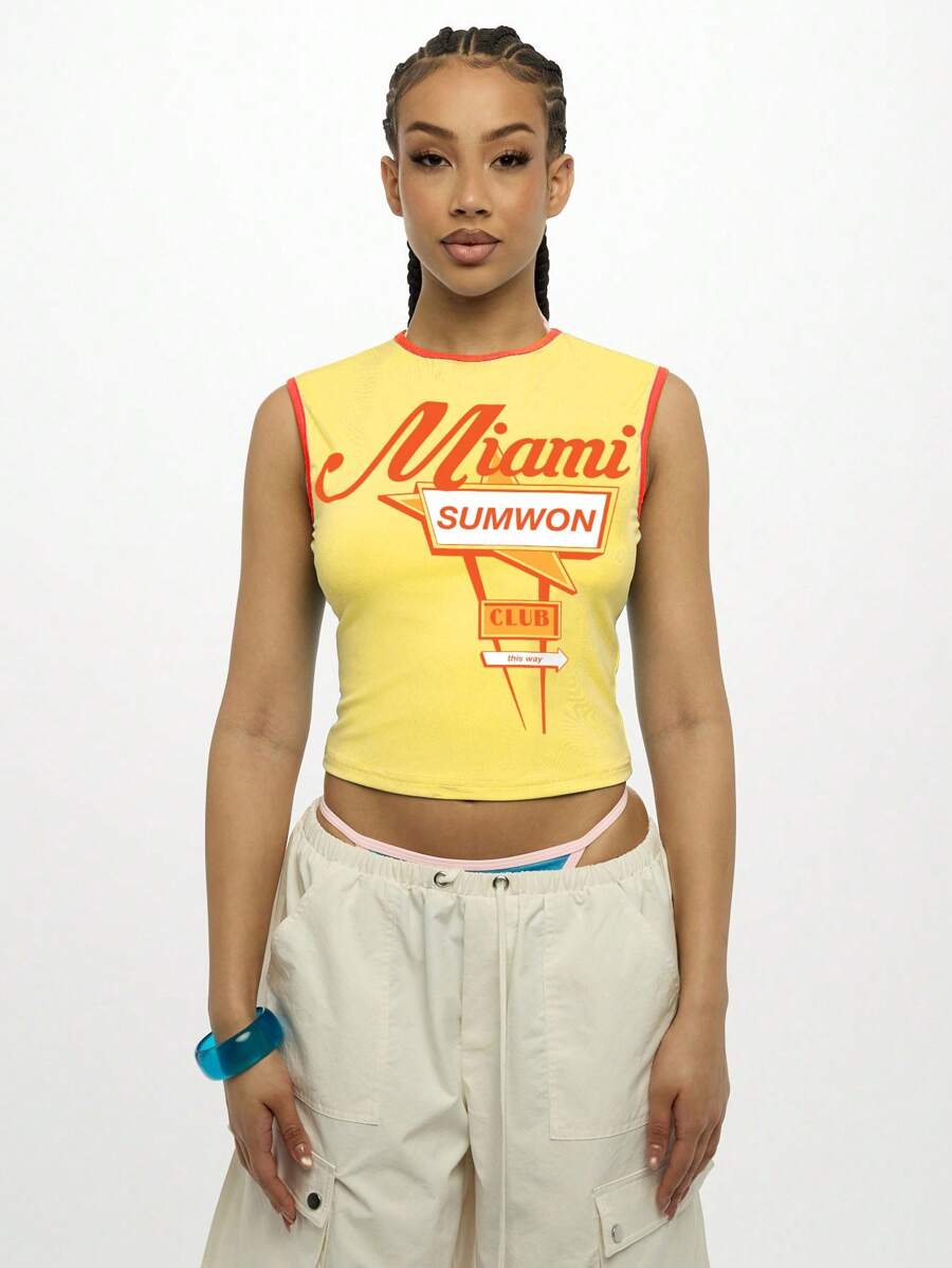 SUMWON WOMEN Miami Club Festival Tank Top Sleeveless Crop Top With Contrast Binding Y2K Streetwear Summer Beach Party Concert Music Festival Vacation - Yellow - View 1