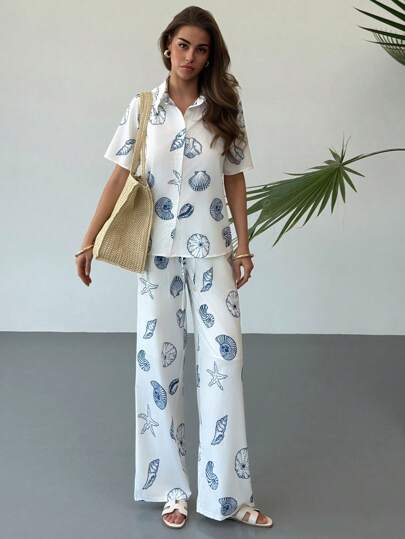Aloruh 女士贝壳印花短袖纽扣衬衫和裤子休闲套装
