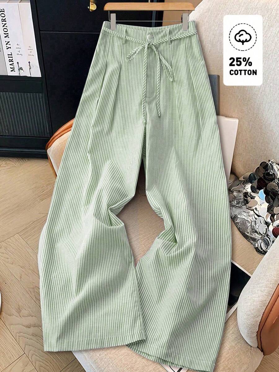 SHEIN Tall 女士休闲蓝色条纹竹节结设计阔腿西装裤，春夏