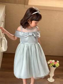 SHEIN Little Byeori 年轻女孩优雅露肩网眼拼布派对连衣裙 - 綠色 - 查看 6