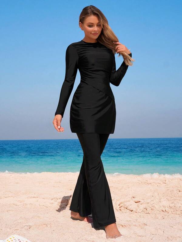 Swim Shayni Ensemble 2 pièces Swim Shayni pour femmes - Top à col rond à manches longues et pantalon long ajusté. Tenue de vacances conservatrice