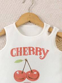 SHEIN 2pcs Young Girls Cherry Print Top & Plaid Pants Set - Red - View 4