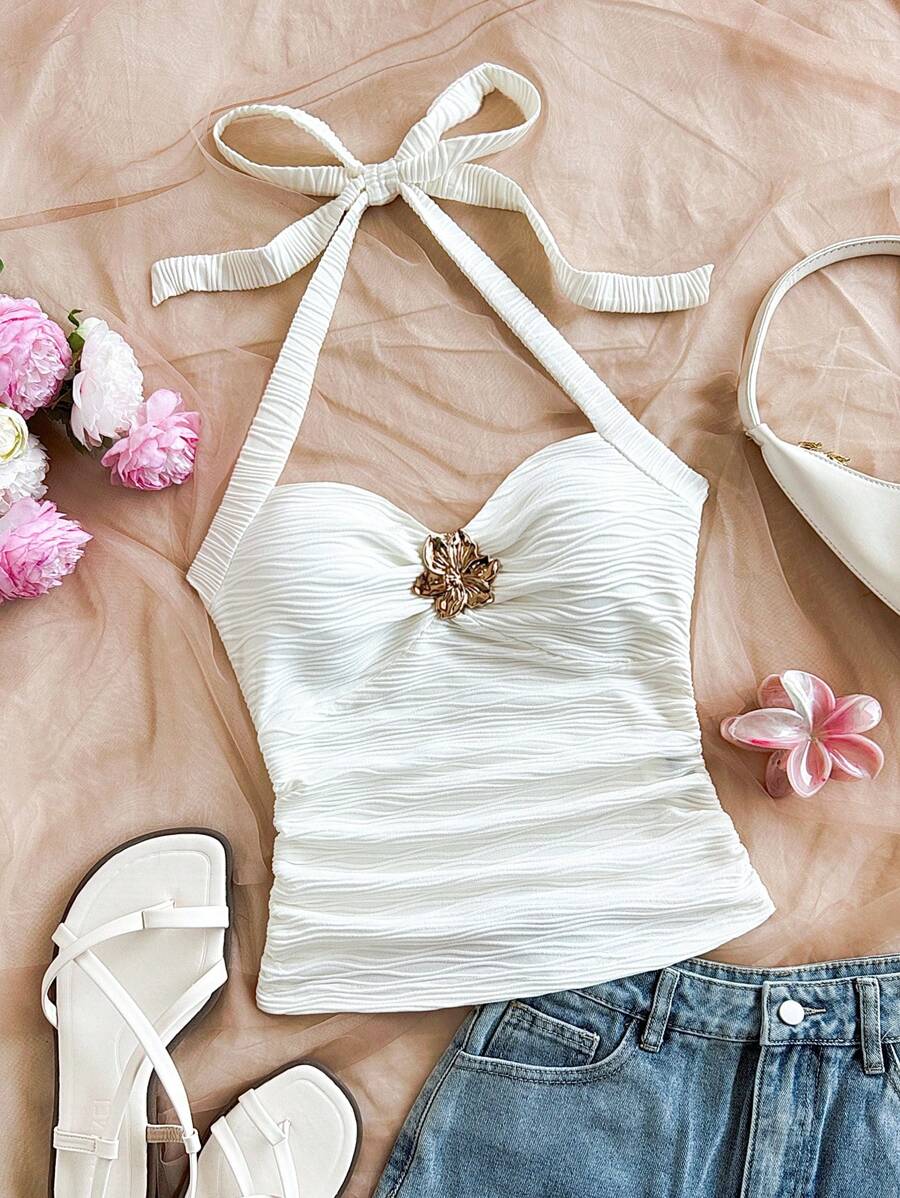 Tween Girls' Casual Daily Fashion Halter Textured Fabric White Tank Top With Front Center Decor White Summer Top