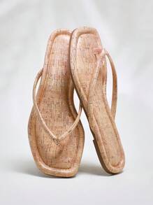 SHUZIA 女士舒适经典木纹印花人字平底凉鞋 - 米色 - 查看 2