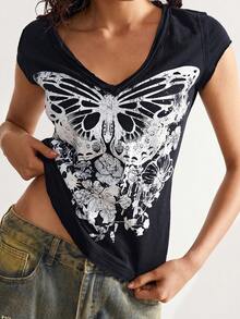 Bohemela Black V-Neck Short-Sleeved Washed Knit T-Shirt For Women - Black - View 4