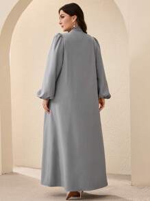 Al Najma Váy Abaya rộng rãi cổ chữ V tay đèn lồng màu trơn cho nữ cỡ lớn - Xám - Xem 2