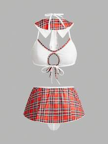 Fantasy Costume Fantasy Costume 女士美式学院风格子上衣、裙子、丁字裤、领结内衣套装 - 紅色 - 查看 2