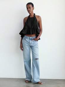 SHEIN Maija Top de mujer de estilo urbano suelto con volantes en el bajo, sin espalda y con cuello halter, versátil para uso casual, de negocios, vacaciones, invitada de boda, sin tirantes - Negro - Ver 5