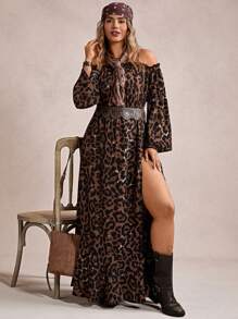 Freevana Vestido casual de talla grande con corte evasé, lazo delantero, volante en el dobladillo y abertura alta, estampado de leopardo, en estilo bohemio para otoño/invierno