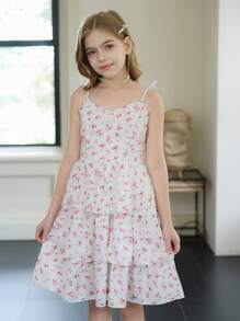 Tween Girls 花卉多层荷叶边吊带连衣裙，蛋糕裙，适合所有季节，非常适合假期和田园风格外出 - 紅色 - 查看 6