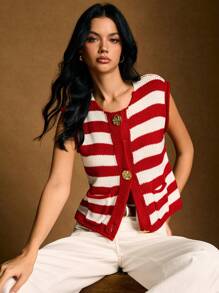 Poéselle Women's Striped Metallic Single Breasted Casual Knit Vest, Women Sweater Vest, Red And White Striped Vest, Red And White Knit Top, Vests For Women In Fall/Winter - Red - View 5