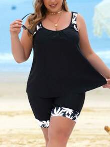 Swim Lushoire 加大码宽肩带圆领无袖夏季分体泳衣 - 黑與白 - 查看 1