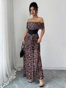 Rafferiza 女式优雅修身露肩豹纹网眼针织连衣裙