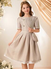 Tween Girl's Chiffon Puffed Sleeve Dress With White Hem,Gold Button Accent,Princess Style Summer Party,Holiday Elegant Bachelorette Flower Girl Dress - Apricot - View 3