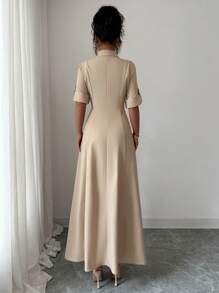 Elenzga Women Elegant Commuter Solid Color Front Button Down Long Dress - Khaki - View 2