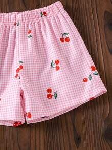 SHEIN Vintaside Kids 小女孩（小码）粉色和白色格子樱桃印花吊带背心和短裤套装，透气舒适的夏季服装