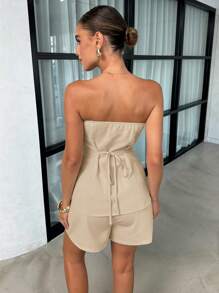Lavishia Women Single-Breasted Floral Button Camisole Top & Shorts Set, Elegant Summer - Khaki - View 2