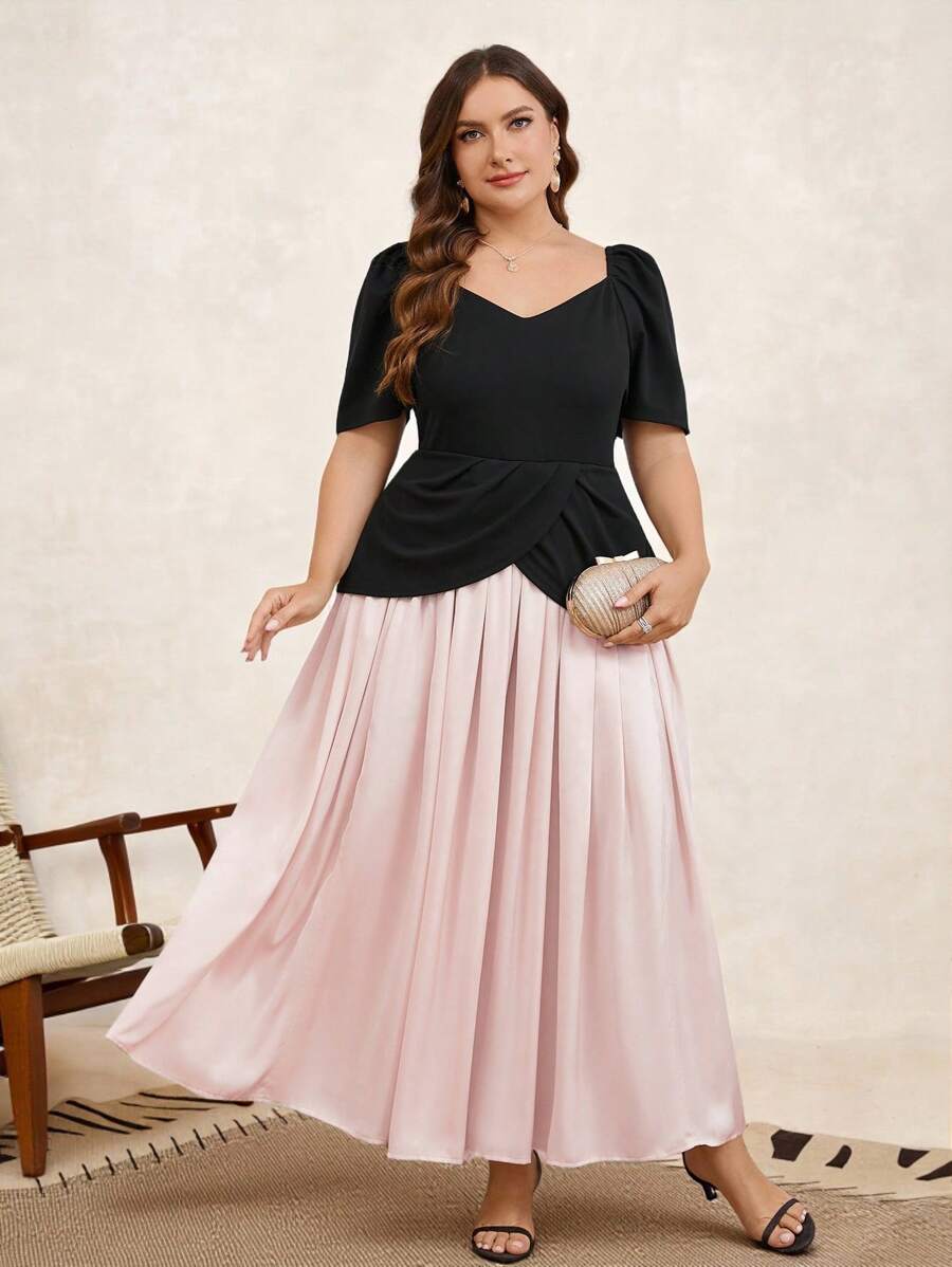 SHEIN Clasi Plus Size Elegant Color Block Dress - Pink - View 1