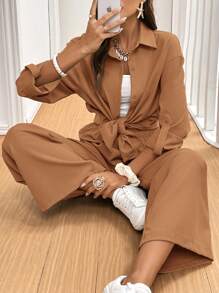 SHEIN Frenchy 女式纯色翻边袖单排扣衬衫配裤子，两件套休闲西装 - 棕色 - 查看 6