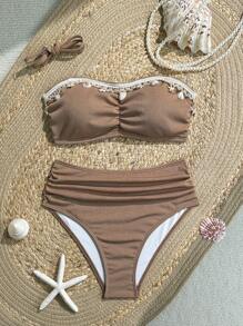 Swim Vcay 女士夏季海滩纯色罗纹针织贝壳和海星装饰肩带可拆卸比基尼上衣和三角裤休闲度假泳衣套装 - 棕色 - 查看 2