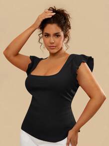 Travachic Top ajustado y corto de mujer talla grande de color rojo sólido con mangas abullonadas, estilo tropical casual de vacaciones