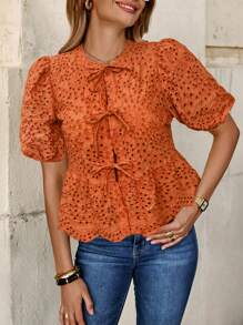 Solivie 女式系带泡泡袖刺绣衬衫，情人节夏季优雅度假装，欧洲 Y2K 乡村俱乐部性感教师上衣 - 橘色 - 查看 4