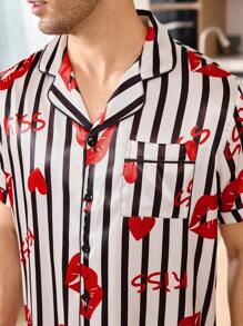Men's Satin Lip Print Stripe Pattern Pajama Set - Black and White - View 4