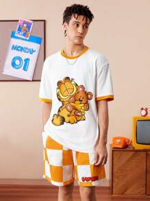 GARFIELD | SHEIN 男士休闲可爱卡通印花撞色宽松短袖T恤和棋盘格短裤套装，夏季 - 白色 - 查看 1