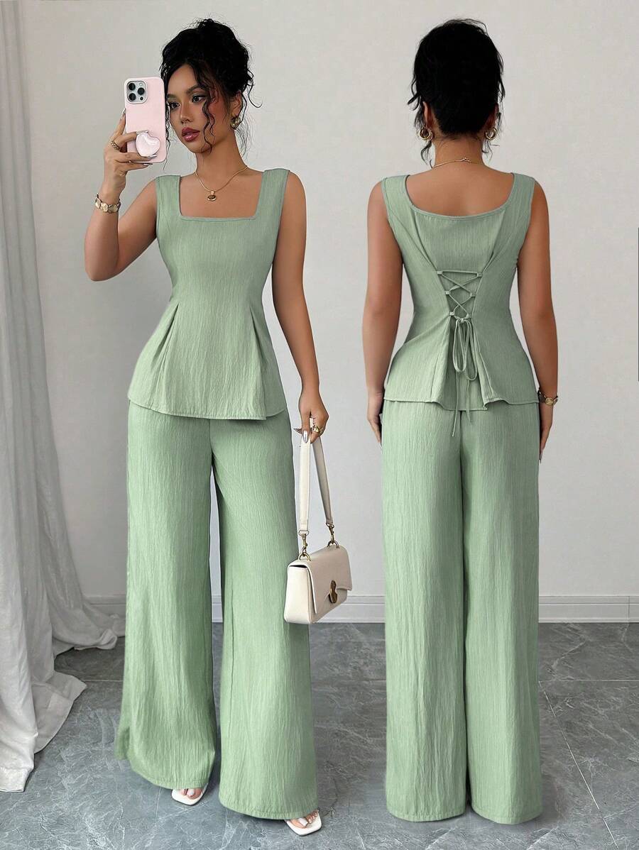 Elenzga 2 件套：无袖露背短款上衣，系带细节 + 阔腿裤，时尚休闲搭配套装，2025 年春夏 - 薄荷綠 - 查看 1
