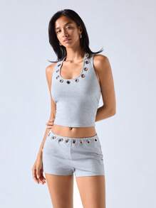 LYSMO Set de 2 piezas - Top sin espalda sexy y shorts para mujer, ideal para el verano - Gris Claro - Ver 3