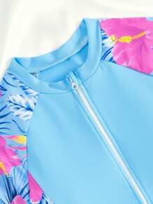 SHEIN Blue Tween Girls One-Piece Knit Color Block Zipper Rash Guard Swimsuit,Short Sleeve Kids Swim Romper Suitable For Summer,Casual,Beach,Vacation,Holiday - Multicolor - View 3