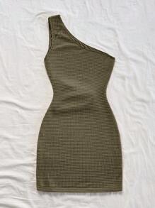 Soleia Women's Summer Vacation Shoulder Cut-Out Seashell Metal Detail Textured Mini Dress, Slim Fit, Suitable For Holiday, Date, Afternoon Tea, Vacation, Music Festival, Boho, Crochet, Linen One Shoulder Dress Olive Dress One Sleeve Dress Summer Dress Bodycon Dress - Army Green - View 2