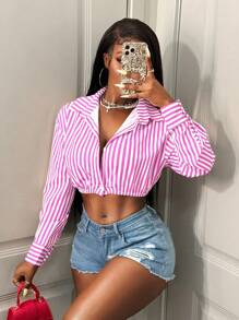 BamGleam 女式长袖单排扣条纹短款性感衬衫