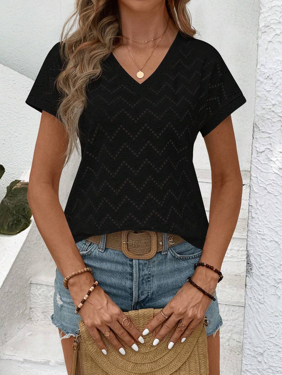 SHEIN LUNE Women's Black Eyelet Embroidery V-Neck Short Sleeve Top