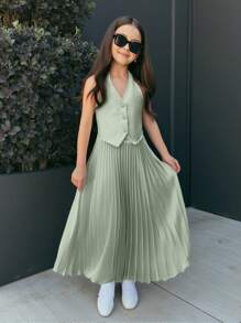 Firerie Kids Firerie Kids Conjunto informal para niña preadolescente Nova Glow compuesto por una chaqueta corta sin mangas de unicolor emparejada con una falda larga plisada de cintura alta, atuendo de uso diario