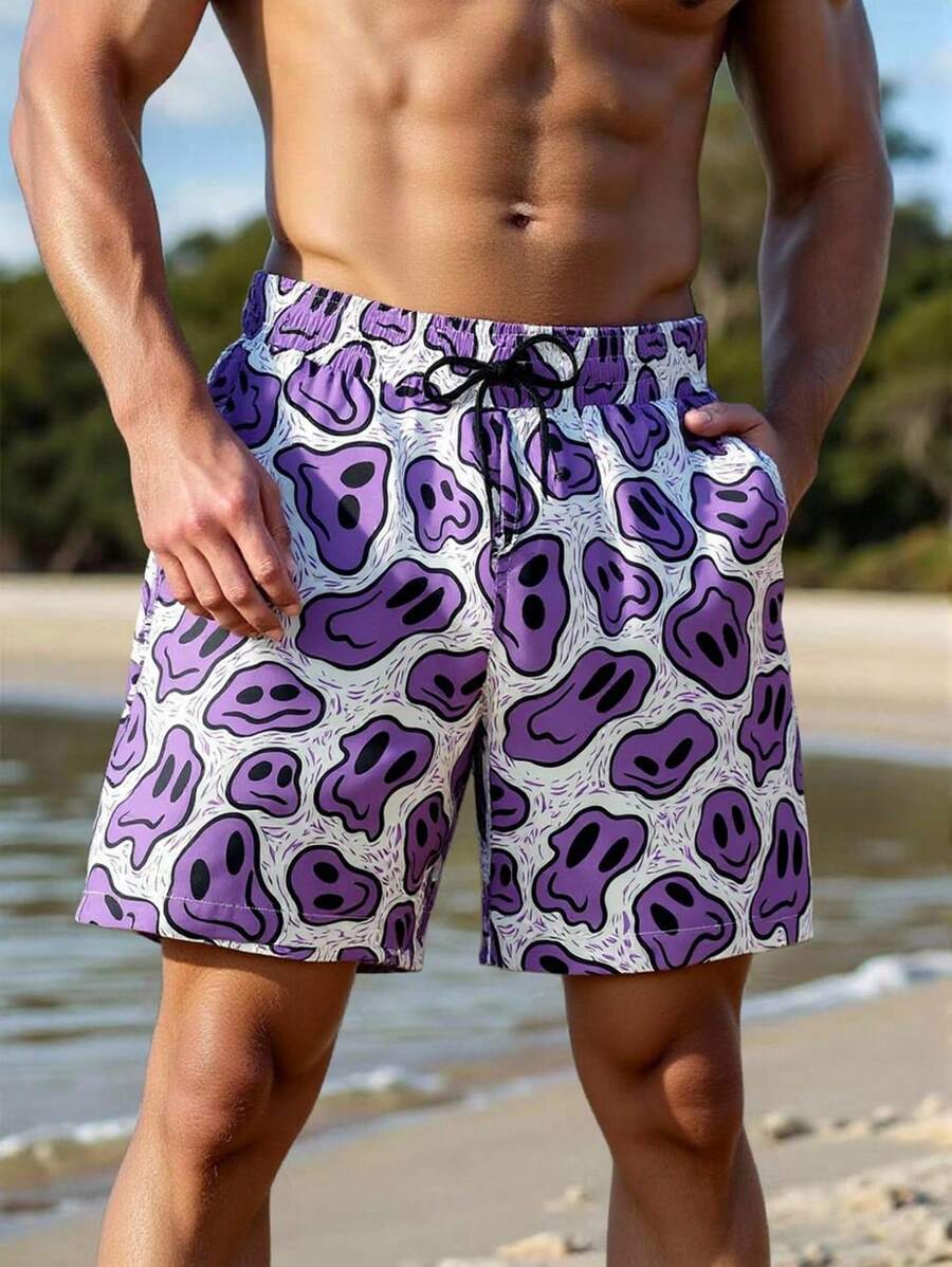Manfinity Swimmode 男士卡通笑脸抽绳腰带口袋休闲沙滩短裤 - 紫色 - 查看 1
