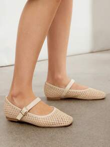 SHUZIA 女士方头渔夫编织玛丽珍扣带芭蕾平底鞋 - 米色 - 查看 6