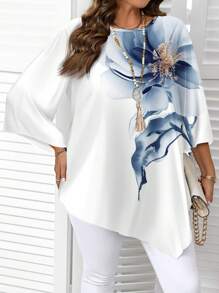 EMERY ROSE Blusa plus size con stampa floreale su tutta la superficie, design asimmetrico minimale blu e bianco, maniche a 3/4, adatta per la primavera/estate, stile casual da resort