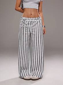 TRNVIE 女士休闲低腰条纹印花宽松阔腿长裤，简约系带腰部休闲夏季