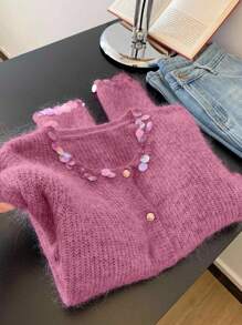 INAWLY Áo len cardigan đính hạt chắp vá thường ngày cho nữ - Màu Hồng Tươi - Xem 3