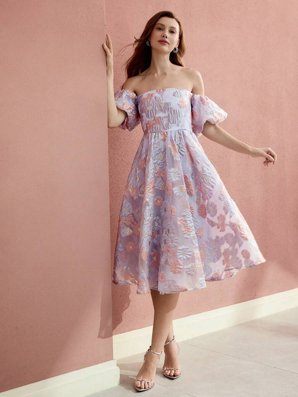 jacquard cocktail dress Flowered Midi with Hoop Trims BLUE The plunging V Poppy Jacquard Cocktail Dress 0